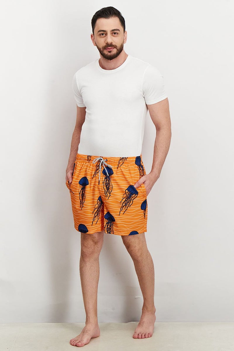 Rainforest Men Drawstring Allover Printed Board Shorts, Orange - Image 4